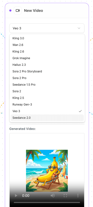 Seedance 2.0 in the Banana Flow video model selector